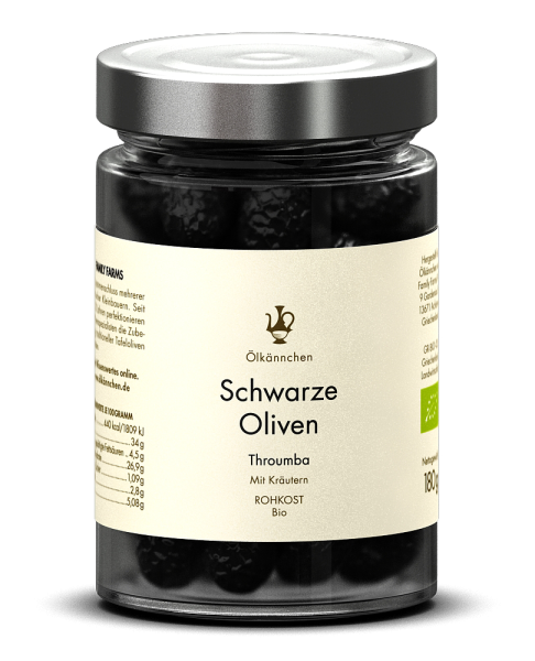 Schwarze Oliven Throumba mit Kräutern (mit Stein), Rohkost, GR im 180g-Glas