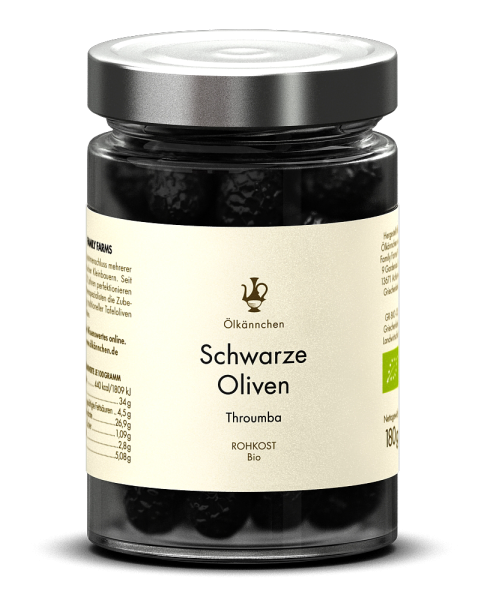 Schwarze Oliven Throumba (mit Stein), Rohkost, GR 180g